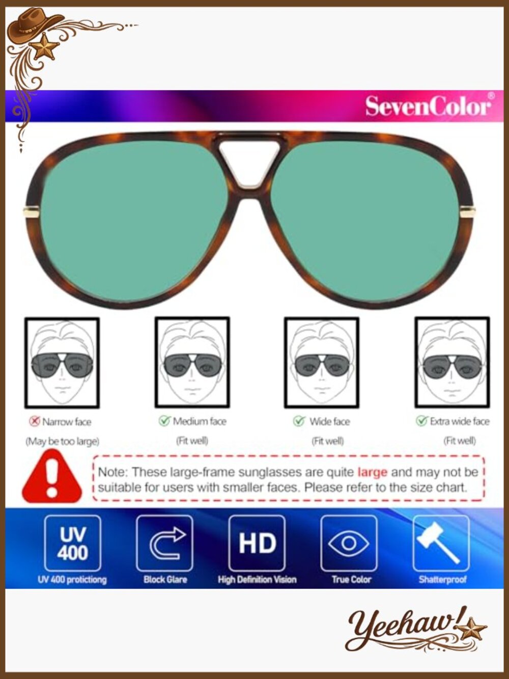 Oversized Aviator Sunglasses Retro Shield UV400 Protection Unisex - Picture 4 of 7